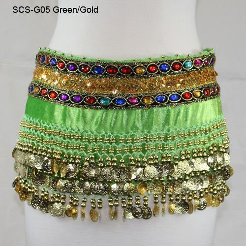 AK-Trading Belly Dancing Velvet Hip Scarf With Gemstones And Gold Coins (Green)