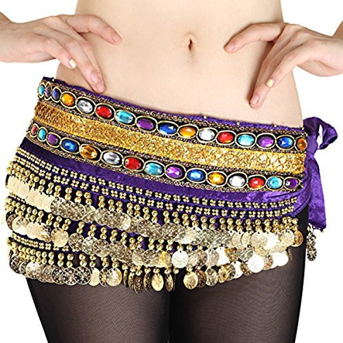AK-Trading Belly Dancing Velvet Hip Scarf With Gemstones And Gold Coins (Purple)