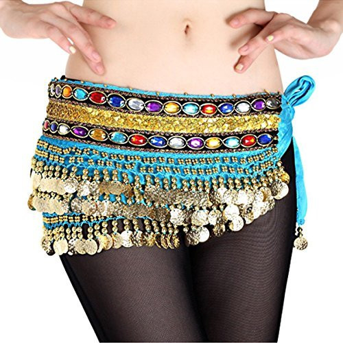 AK-Trading Belly Dancing Velvet Hip Scarf With Gemstones And Gold Coins (Turquoise)