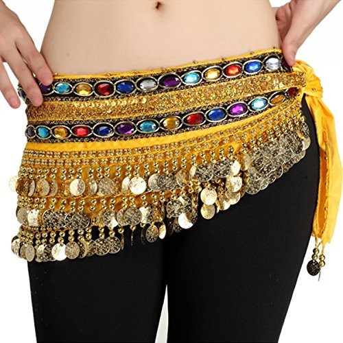 AK-Trading Belly Dancing Velvet Hip Scarf With Gemstones And Gold Coins (Yellow)