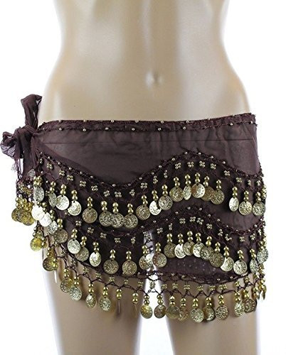 AK-Trading Chiffon Dangling Belly Dance Hip Scarf - Brown with Gold Coins