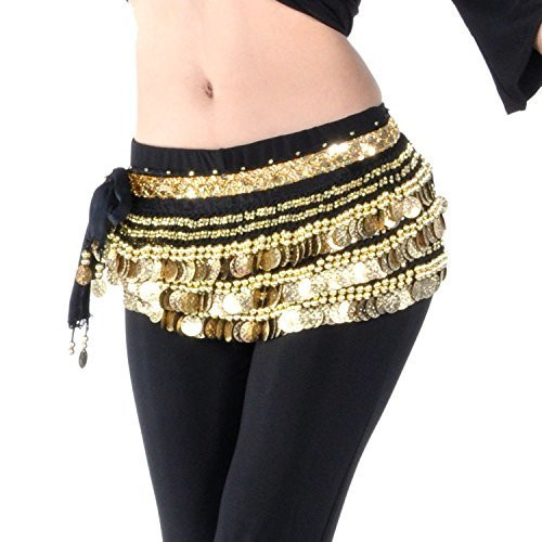 AK-Trading Multi-Row 258 Gold Coins Velvet Belly Dance Hip Scarf - Black