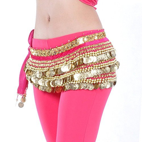 AK-Trading Multi-Row 258 Gold Coins Velvet Belly Dance Hip Scarf - Hot Pink
