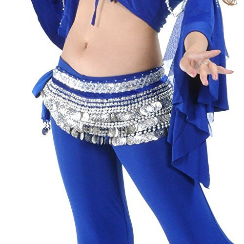 AK-Trading Multi-Row 258 Silver Coins Velvet Belly Dance Hip Scarf - Royal Blue