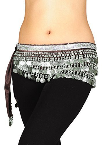 AK-Trading Multi-Row 258 Silver Coins Velvet Belly Dance Hip Scarf Brown