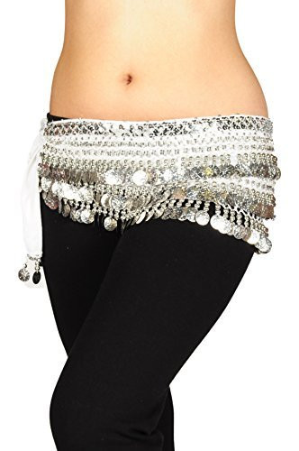 AK-Trading Multi-Row 258 Silver Coins Velvet Belly Dance Hip Scarf White