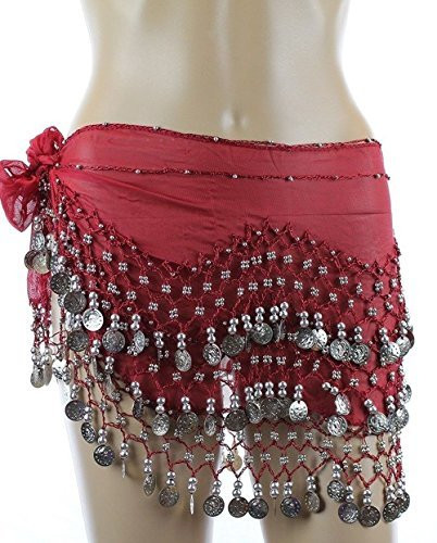 Belly Dance Hip Scarf, Belly Dancing Skirt Coin Sash Costume with Silver Coins (Burgundy)
