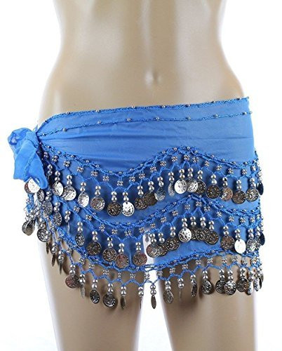 Belly Dance Hip Scarf, Belly Dancing Skirt Coin Sash Costume with Silver Coins (Teal Blue)