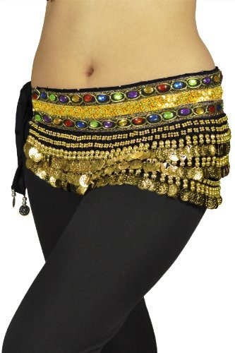 Belly Dancing "Gemstone" Deluxe Velvet Hip Scarf Skirt Wrap - Black with Gold Coins