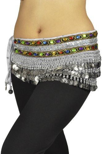 Belly Dancing "Gemstone" Deluxe Velvet Hip Scarf Skirt Wrap - White with Silver Coins