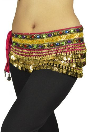 Belly Dancing "Gemstone" Velvet Hip Scarf - Hot Pink/gold