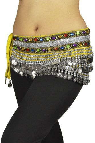 Belly Dancing "Gemstone" Velvet Hip Scarf Skirt Wrap - Yellow/silver