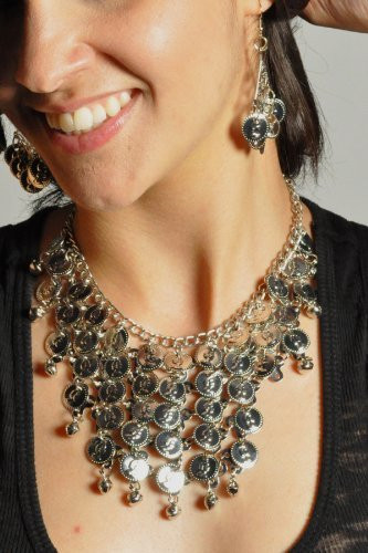 Belly Dancing Coin Necklace and Earring Set - Silver