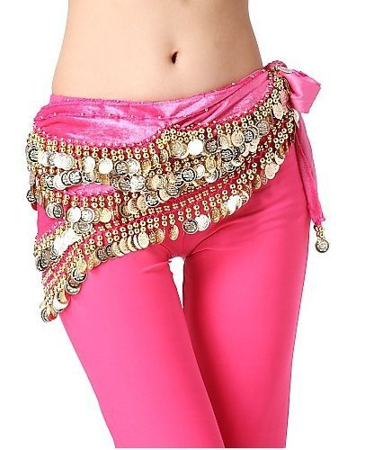 Belly Dancing Wavy Design Deluxe Velvet Hip Scarf - Fuchsia with Gold Coins #V280