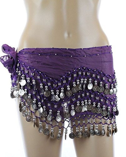 Chiffon Dangling Belly Dance Hip Scarf - Dark Purple with Silver Coins