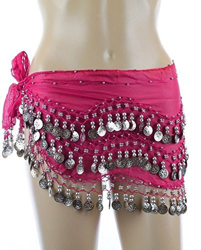 Chiffon Dangling Belly Dance Hip Scarf - Fuchsia with Silver Coins