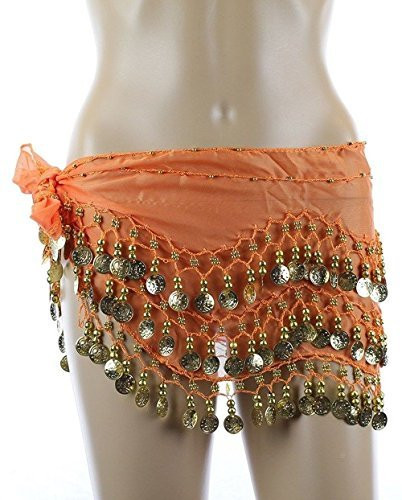 Chiffon Dangling Belly Dance Hip Scarf - Orange with Gold Coins