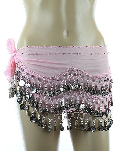 Chiffon Dangling Belly Dance Hip Scarf - Pink with Silver Coins