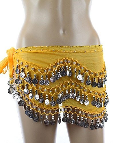 Chiffon Dangling Belly Dance Hip Scarf - Yellow with Silver Coins