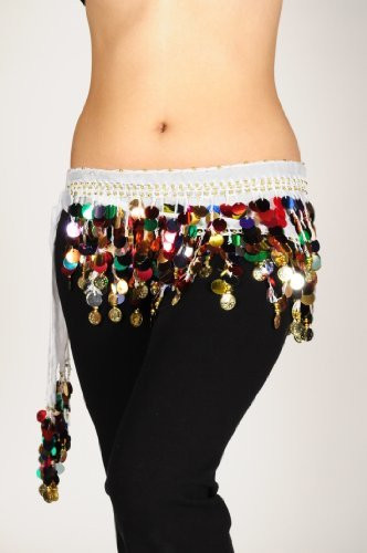 Colorful Paillettes Belly Dancing Scarf - White W/Silver Coins