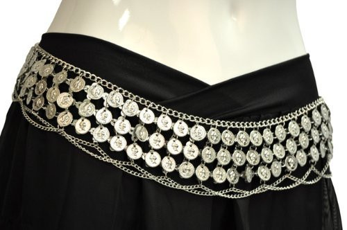 Gypsy Hippie Belly Dance Silver Metal Dangling Coins Chains Belt Adjustable