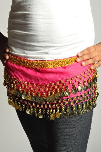 Kids Belly Dance Zumba Hip Scarf with Coins & Beads - Hot Pink/Gold