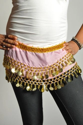 Kids Belly Dance Zumba Hip Scarf with Coins & Beads - Light Pink/Gold
