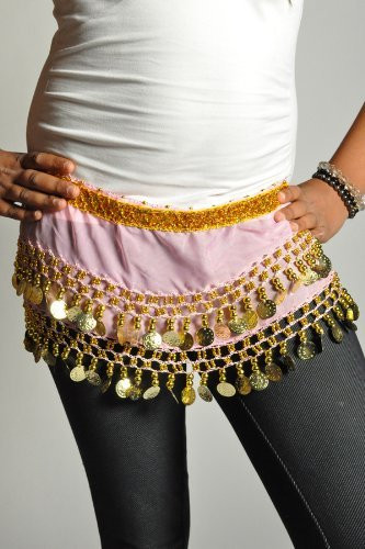 Kids Belly Dance Zumba Hip Scarf with Coins & Beads - Light Pink/Silver