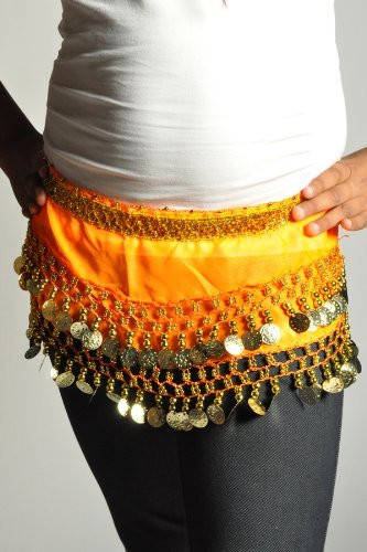 Kids Belly Dance Zumba Hip Scarf with Coins & Beads - Orange/Silver