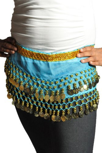Kids Belly Dance Zumba Hip Scarf with Coins & Beads - Turquoise/Silver