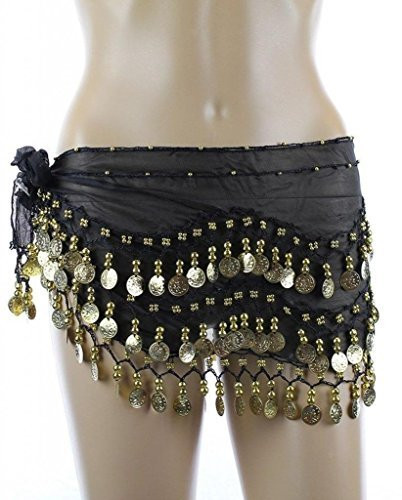 PEARL Belly Dance Hip Scarf, Hip Shakers Belly Dancing Skirt Coin Sash Costume with Gold Coins - Black