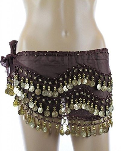 PEARL Belly Dance Hip Scarf, Hip Shakers Belly Dancing Skirt Coin Sash Costume with Gold Coins - Brown