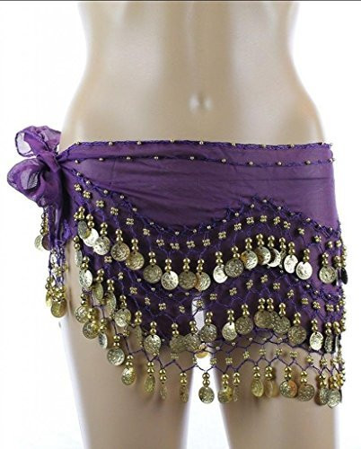 PEARL Belly Dance Hip Scarf, Hip Shakers Belly Dancing Skirt Coin Sash Costume with Gold Coins - Dark Purple