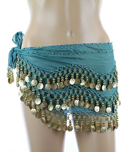 PEARL Belly Dance Hip Scarf, Hip Shakers Belly Dancing Skirt Coin Sash Costume with Gold Coins - Red