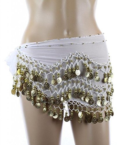 PEARL Belly Dance Hip Scarf, Hip Shakers Belly Dancing Skirt Coin Sash Costume with Gold Coins - White