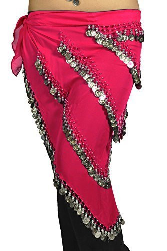 Pearl Belly Dancing 5 Line Triangle Chiffon Hip Scarf With Coins Hot Pink