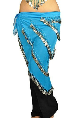 Pearl Belly Dancing 5 Line Triangle Chiffon Hip Scarf With Coins Turquoise