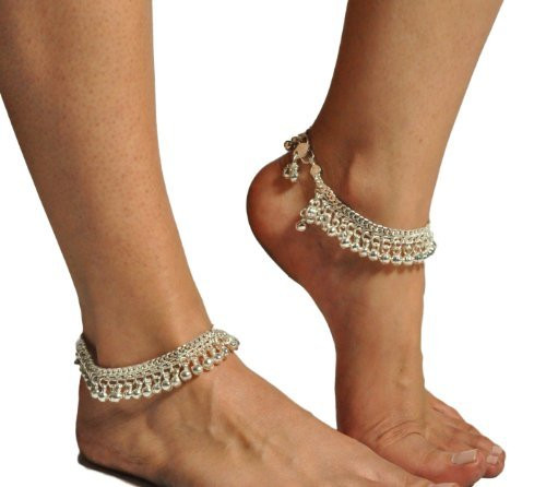 Pearl Pair of Belly Dance Exotic Fashion Bell Anklet - Silver (2pc)