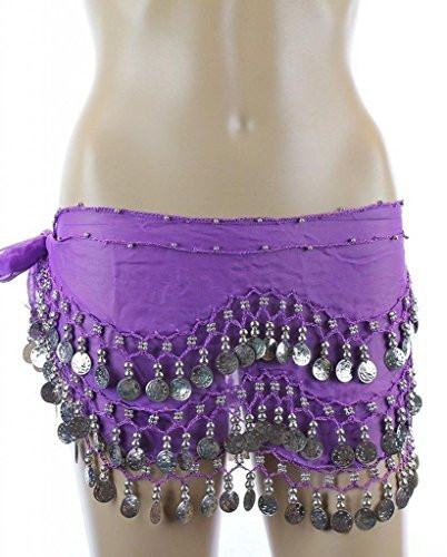 Plus Size XL Chiffon Belly Dance Hip Scarf Wrap Belt Tribal Sash Skirt Silver Coins - Purple