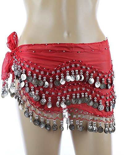 Plus Size XL Chiffon Belly Dance Hip Scarf Wrap Belt Tribal Sash Skirt Silver Coins (Red with Silver Coins)