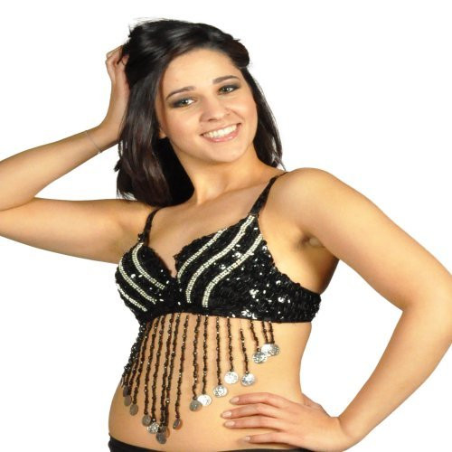 Sequin Beaded Belly Dancing Costume Top Bra w/Coins - BLACK