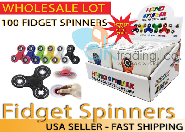 AK-Trading - LOT OF 100 - Tri Spinner Fidget Gadget Hand EDC Triangle Toy Wholesale Assorted Colors (BULK LOT OF 100) - Comes with Display Box