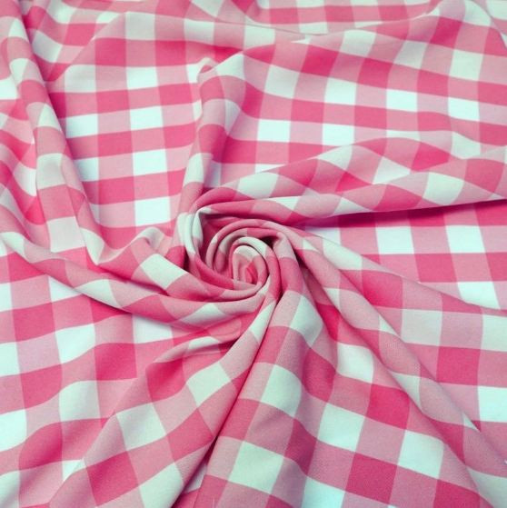 1" inch Checkered Gingham Polyester Poplin Fabric - Fuchsia & White