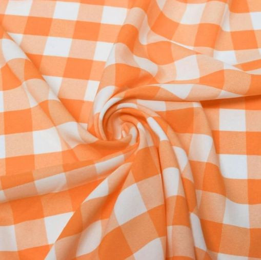 1" inch Checkered Gingham Polyester Poplin Fabric - Orange and White