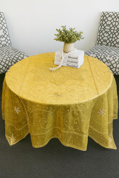 AK TRADING CO. Handmade Metallic Zari (Nakshi) Embroidered Silk Tissue Tablecloth – 60" Square | Luxury Handcrafted Decorative Table Cover for Home Décor, Weddings & Special Events - Gold 