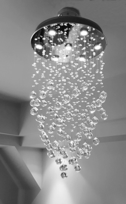 Modern raindrop crystal pendant chandelier light fixture MC43418 for staircase, entryway, foyer, high ceilings, sloped vaulted ceilings, free shipping across Canada, Montreal, Quebec