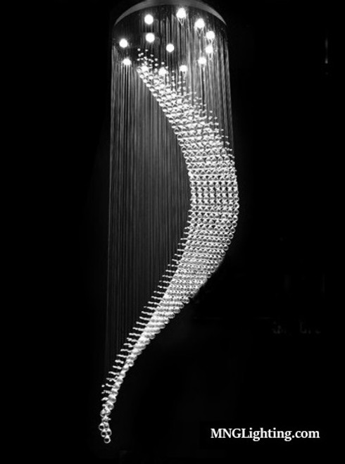 modern spiral wave raindrop polished chrome long crystal chandelier light fixture MC80261 for high ceilings staircase shipping across Canada Montreal Quebec