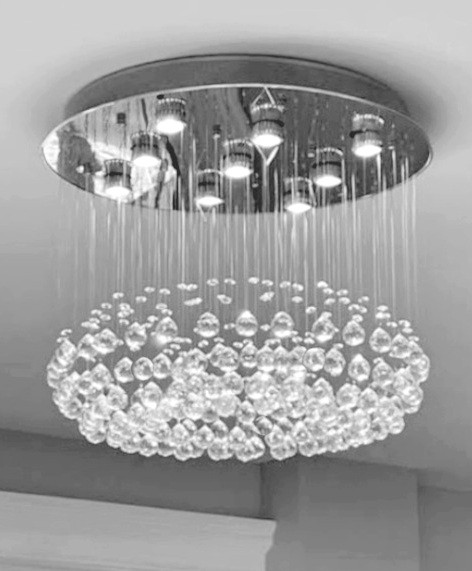 modern crystal ceiling light, raindrop polished chrome 9 light modern crystal ceiling chandelier flush mount lighting fixture MC60319 for living room dining room bedroom entryway foyer free shipping across Canada Montreal Quebec