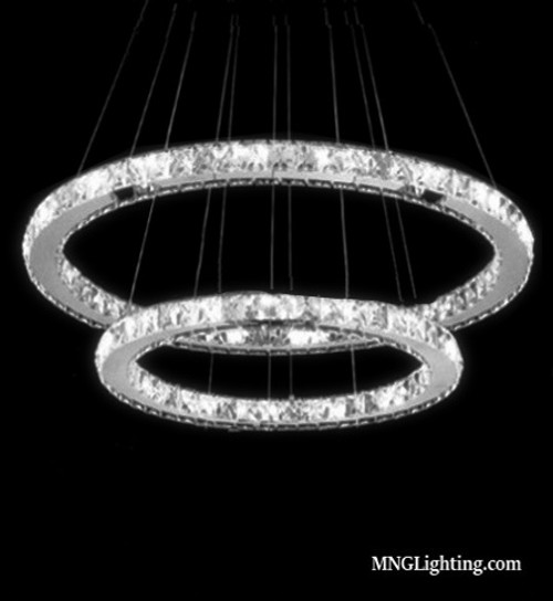 2-ring double ring circular integrated led polished chrome round modern crystal pendant chandelier lighting fixture LD29500 for dining room living room bedroom kitchen entryway entrance staircase foyer high ceiling adjustable height free shipping across Canada Montreal Quebec