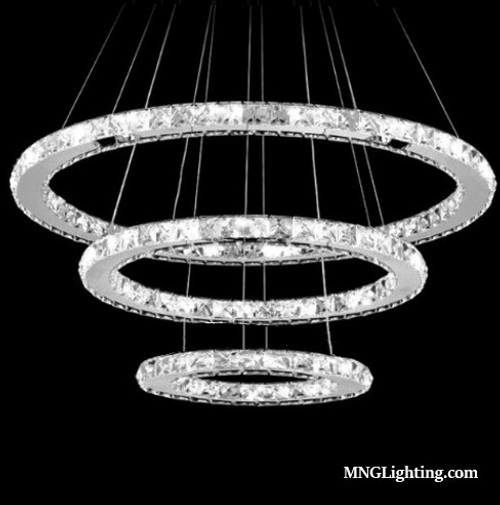 3 ring integrated LED modern crystal pendant chandelier light fixture, modern pendant chandelier light fixture for dining room entryway dining room living room foyer sloped vaulted ceilings